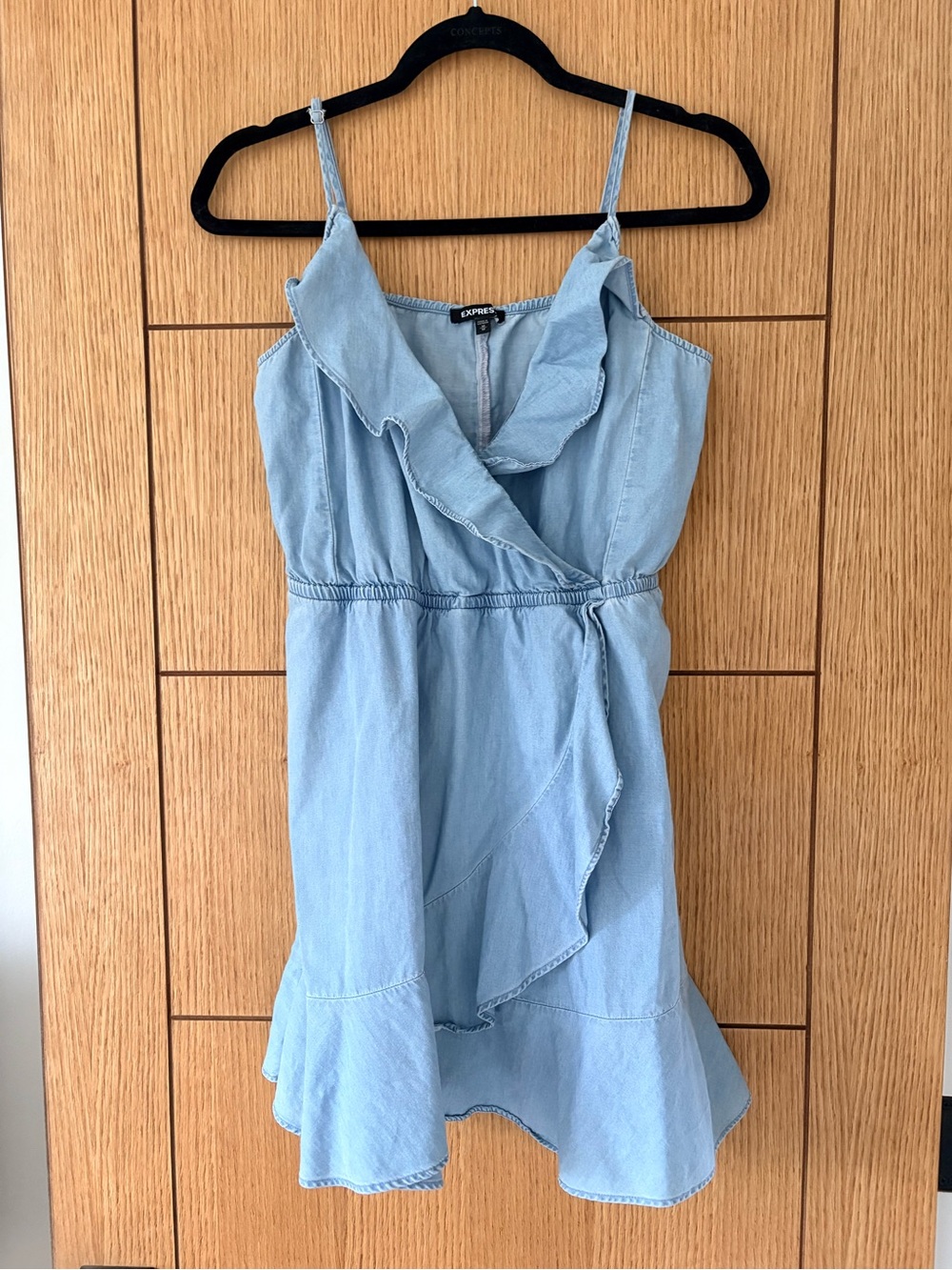 Express Light Blue Denim Mini Dress with Ruffle Trim